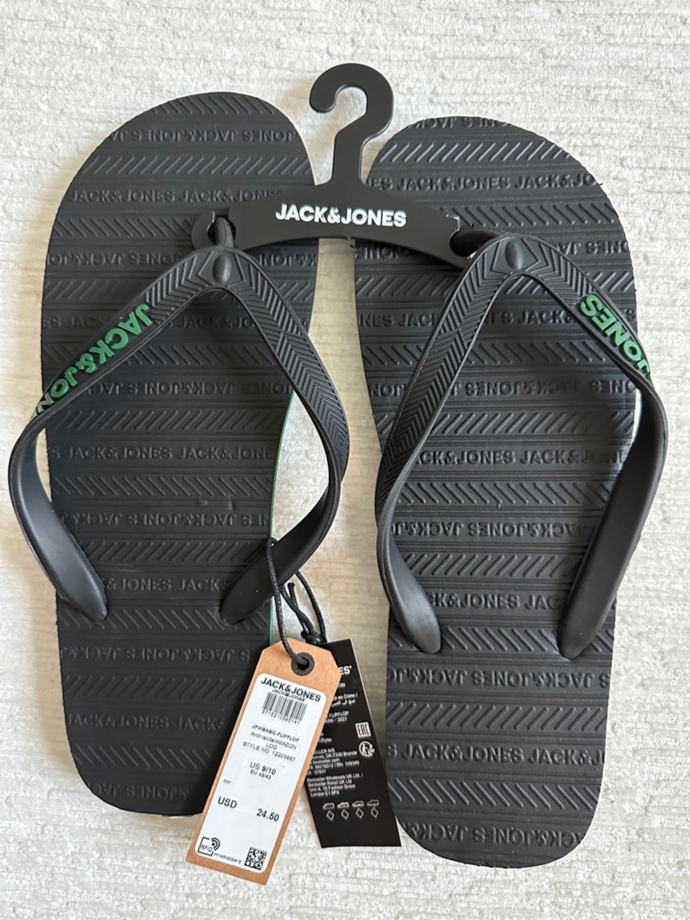 Jack & Jones Black Flip Flops with Green Logo Accent